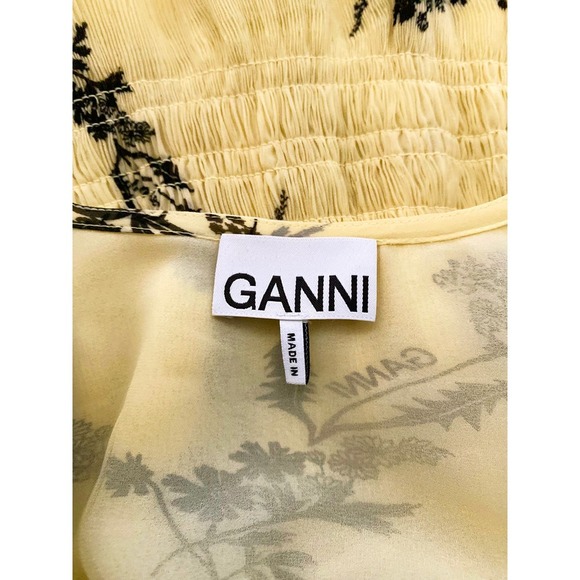 Ganni Womens Floral Print Pleated Georgette Mini Dress Pale Yellow Black Smocked - Picture 14 of 16